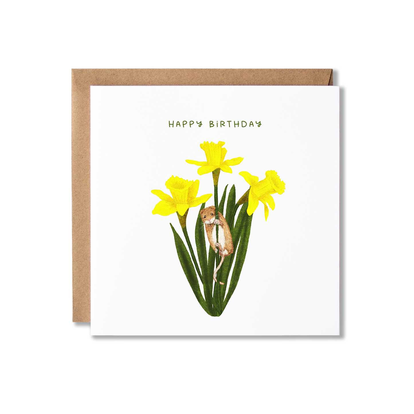 Birthday card with illustration of a mouse holding on to the stem of some daffodils with the message Happy Birthday.
