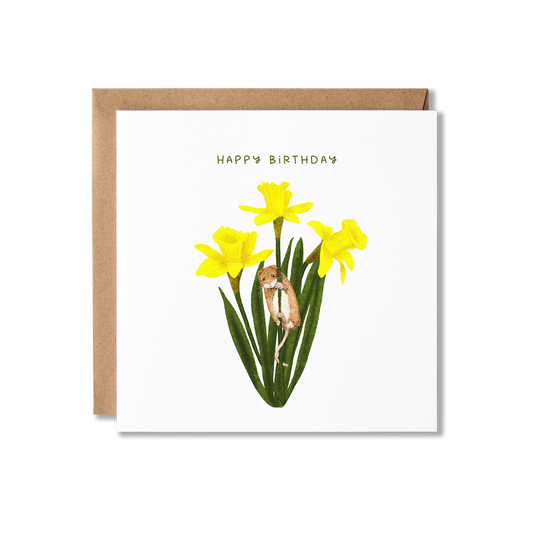 Birthday card with illustration of a mouse holding on to the stem of some daffodils with the message Happy Birthday.