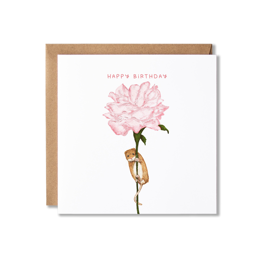 Birthday card with illustration of a mouse holding on to the stem of a single pink rose with the message Happy Birthday.