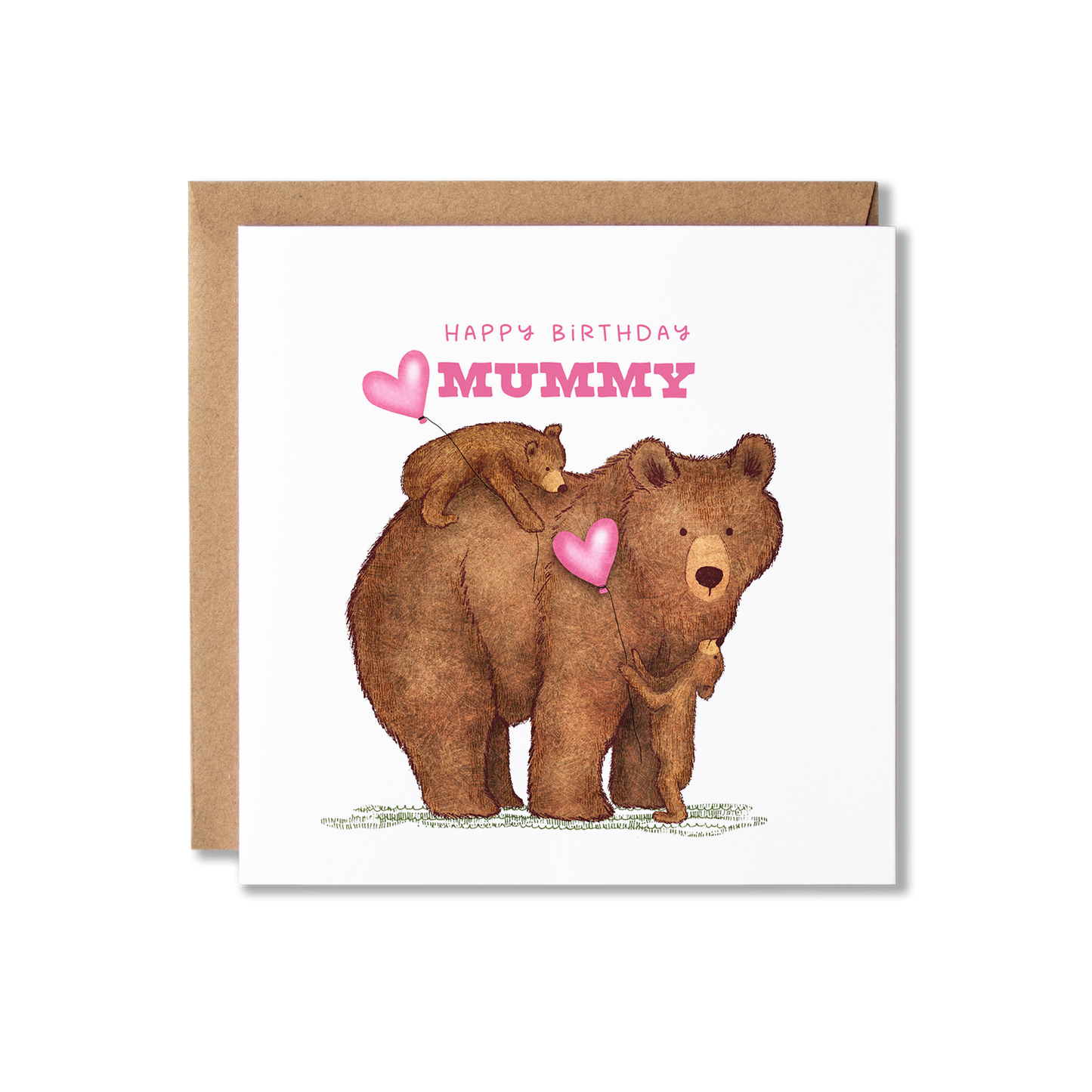 Birthday card with illustration of a mummy bear with a baby cub standing in front of her looking up to her holding a pink heart ballon and another cub on her back holding a pink heart balloon and the message Happy Birthday Mumm in pink.