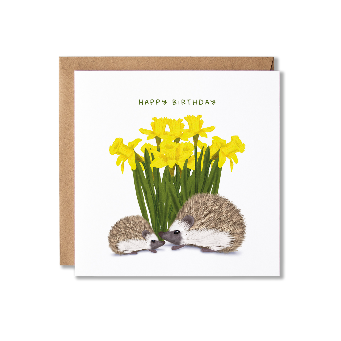 Birthday card with illustration of two hedgehogs, one larger one smaller, in front of a bunch of daffodils with the message Happy Birthday.