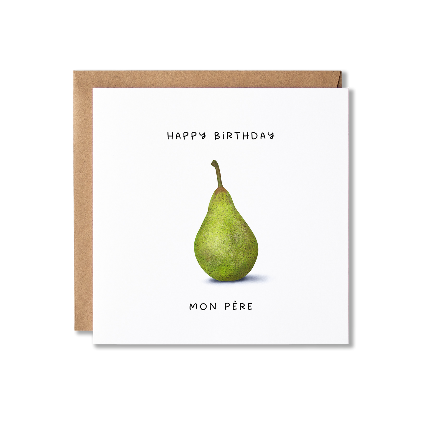 Bithday card with illustration of a green pear with the message Happy Birthday Mon Pere.