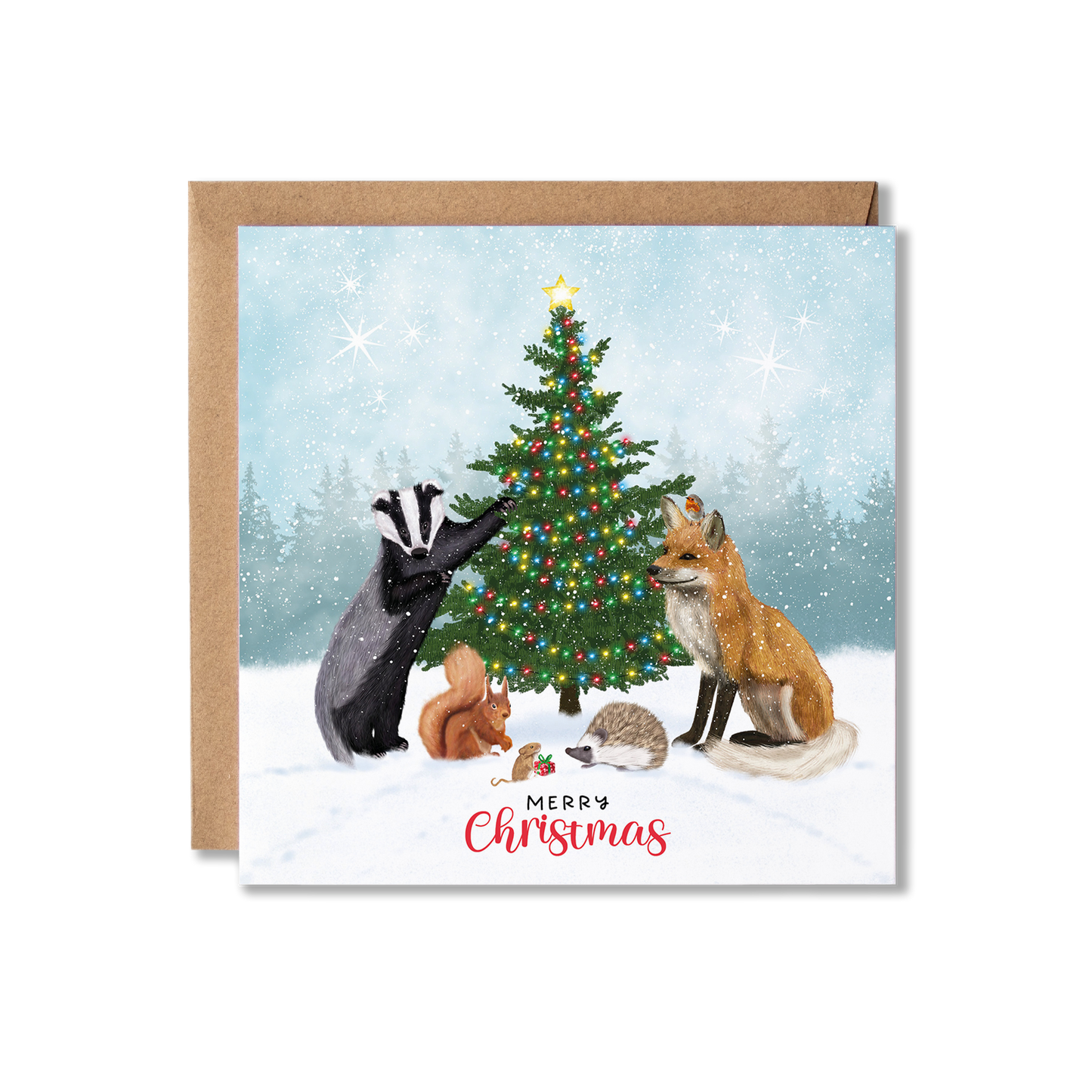 Christmas card with illustration of a group of British woodland animals, badger, fox, hedgehog, red squirrel, mouse and a robin gathered around a Christmas tree with lights on and the mouse holding a tiny present, with the message Merry Christmas.