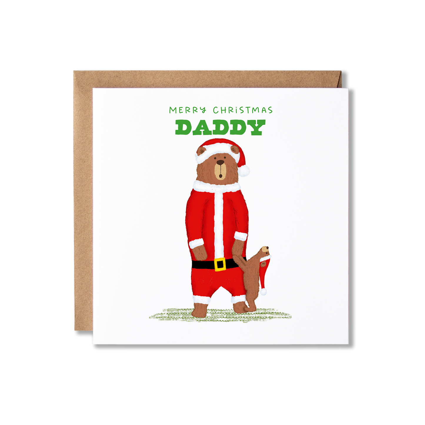 Christmas card with illustration of a bear standing on back legs wearing a Santa costume, with a bear cub stood in front holding his hand, wearing a Santa hat with the message Merry Christmas Daddy.