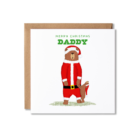 Christmas card with illustration of a bear standing on back legs wearing a Santa costume, with a bear cub stood in front holding his hand, wearing a Santa hat with the message Merry Christmas Daddy.