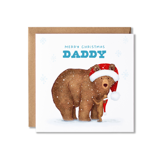Chirstmas card with illustration of a daddy bear in a Santa hat with a bear cub in a Santa hat standing in front of him looking up at him with snow and snowflakes in the background, with the message Merry Christmas Daddy in blue.