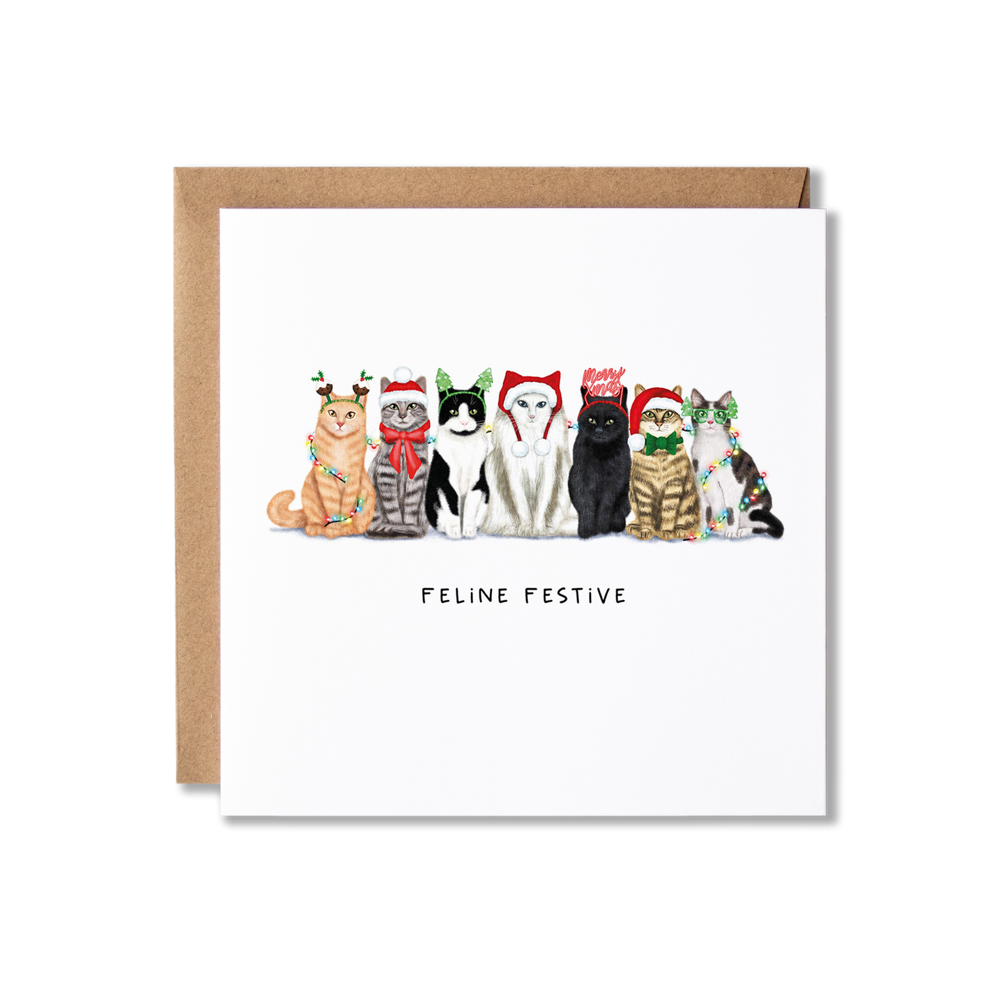 Christmas card with illustration of a group of cats sat in a row, wearing different Christmas hats and wrapped in Christmas lights with the message Feline Festive underneath.
