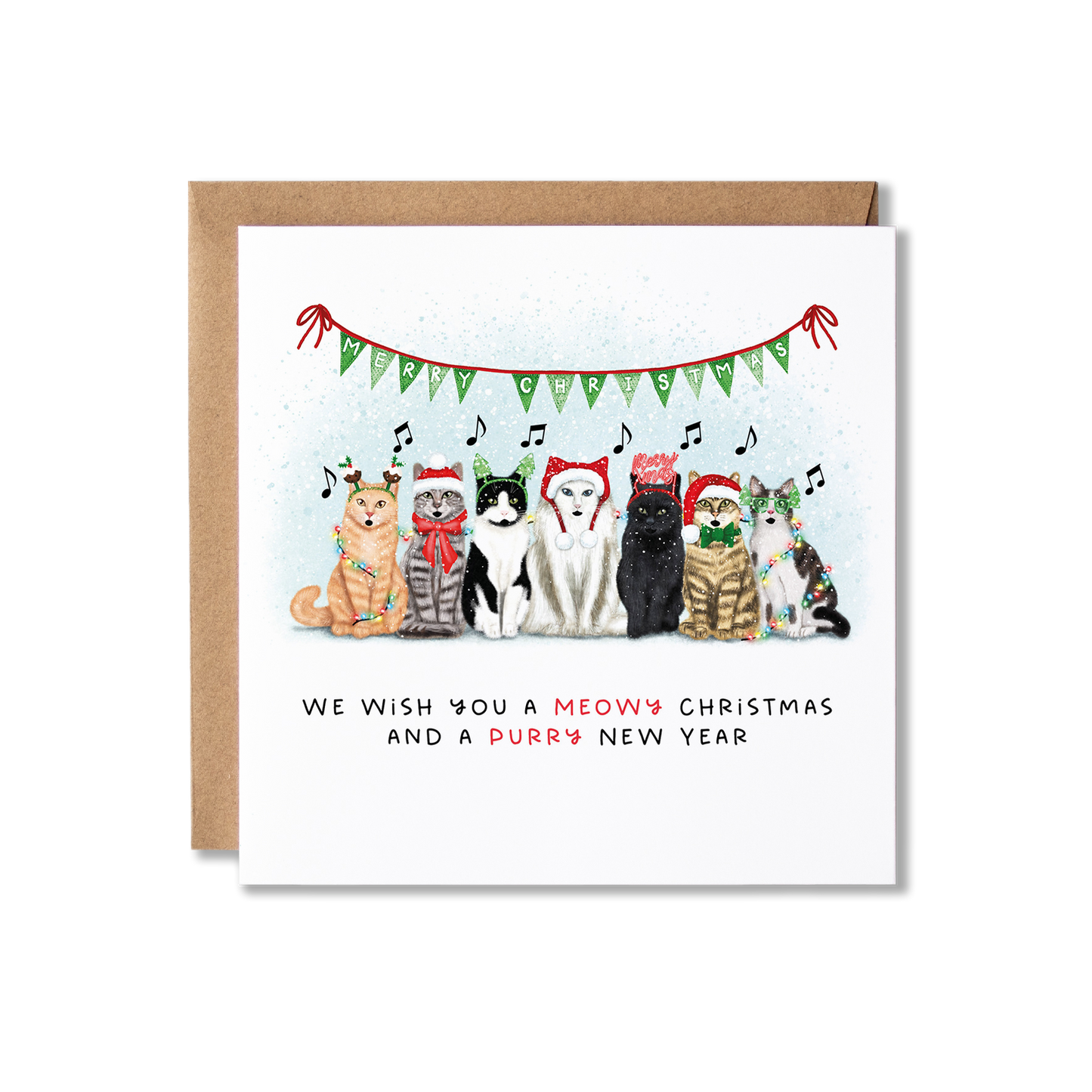 Christmas card with illustration of a group of cats sat in a row, wearing different Christmas hats and wrapped in Christmas lights in the snow with the message We Wish You A Meowy Christmas and a Purry New Year.