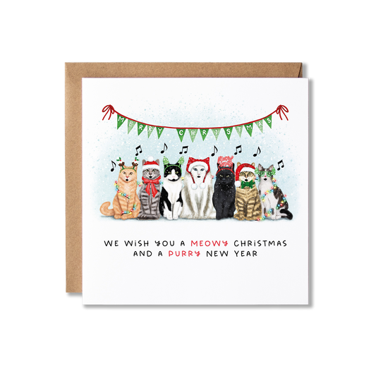 Christmas card with illustration of a group of cats sat in a row, wearing different Christmas hats and wrapped in Christmas lights in the snow  with the message We Wish You A Meowy Christmas and a Purry New Year.