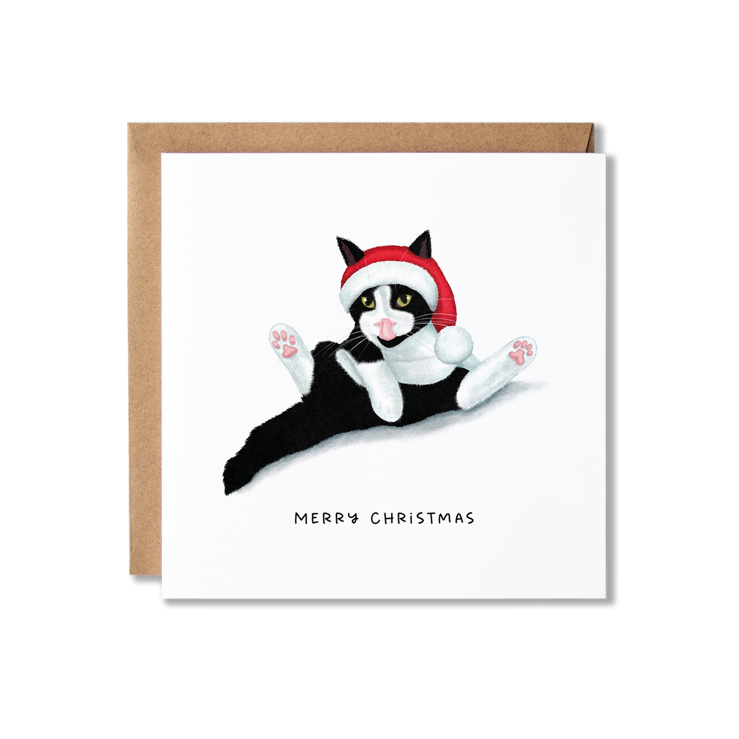 Christmas card with illustration of a black and white cat sat in a funny position having a wash wearing a red and white Santa hat with the message Merry Christmas.