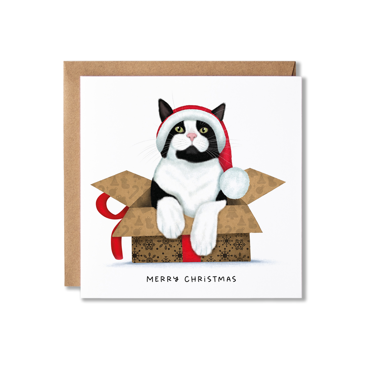 Christmas card with illustration of a black and white cat in a box with a red ribbon and wearing a red and white Santa hat on with the message Merry Christmas.
