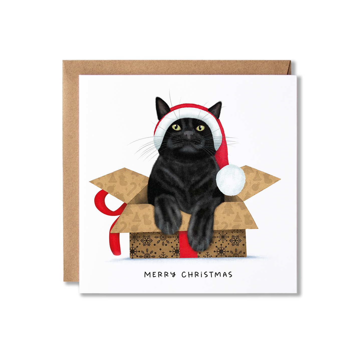 Christmas card with illustration of a black cat in a box with a red ribbon and wearing a red and white Santa hat on with the message Merry Christmas.