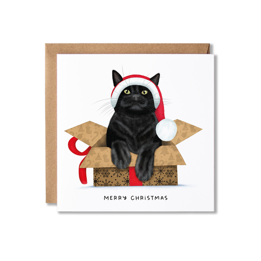 Christmas card with illustration of a black cat in a box with a red ribbon and wearing a red and white Santa hat on with the message Merry Christmas.