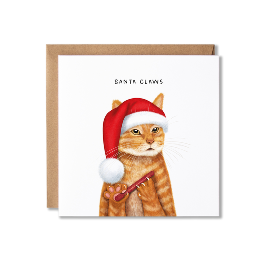 Christmas card with illustration of a ginger cat wearing a red and white Santa hat and filing it's claws, with the message Santa Claws written above.