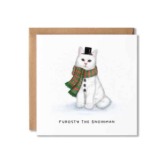Christmas card with illustration of a white cat sat in a black top hat and black fur that looks like three buttons and a green and red tartan scarf on, with the message Furosty The Snowman.