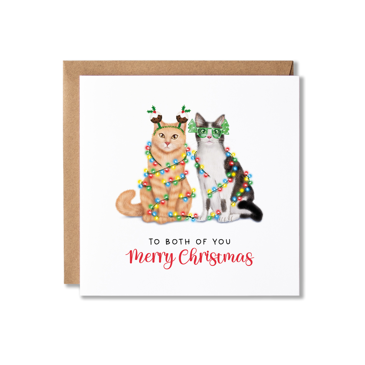 Christmas card with illustration of a cat couple, a ginger cat and grey and white cat, sat together wrapped in Christmas lights with the message To Both of You Merry Christmas.