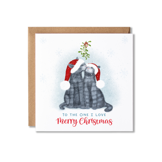 Christmas card with illustration of grey tabby cats in Santa hats kissing under the mistletoe with the message To the One I Love Merry Christmas.