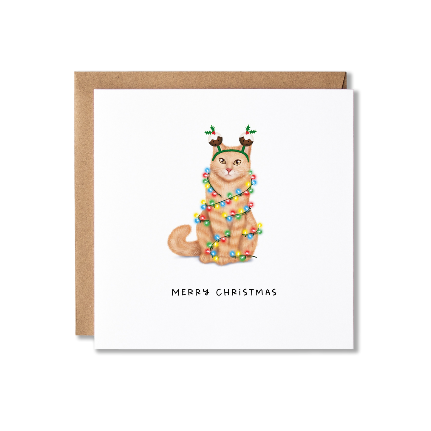 Christmas card with illustration of a ginger cat wrapped in Christmas lights with the message Merry Christmas underneath.