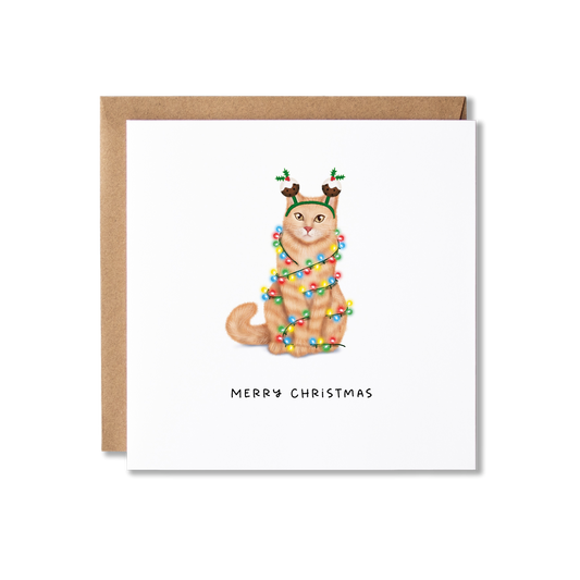 Christmas card with illustration of a ginger cat wrapped in Christmas lights with the message Merry Christmas underneath.