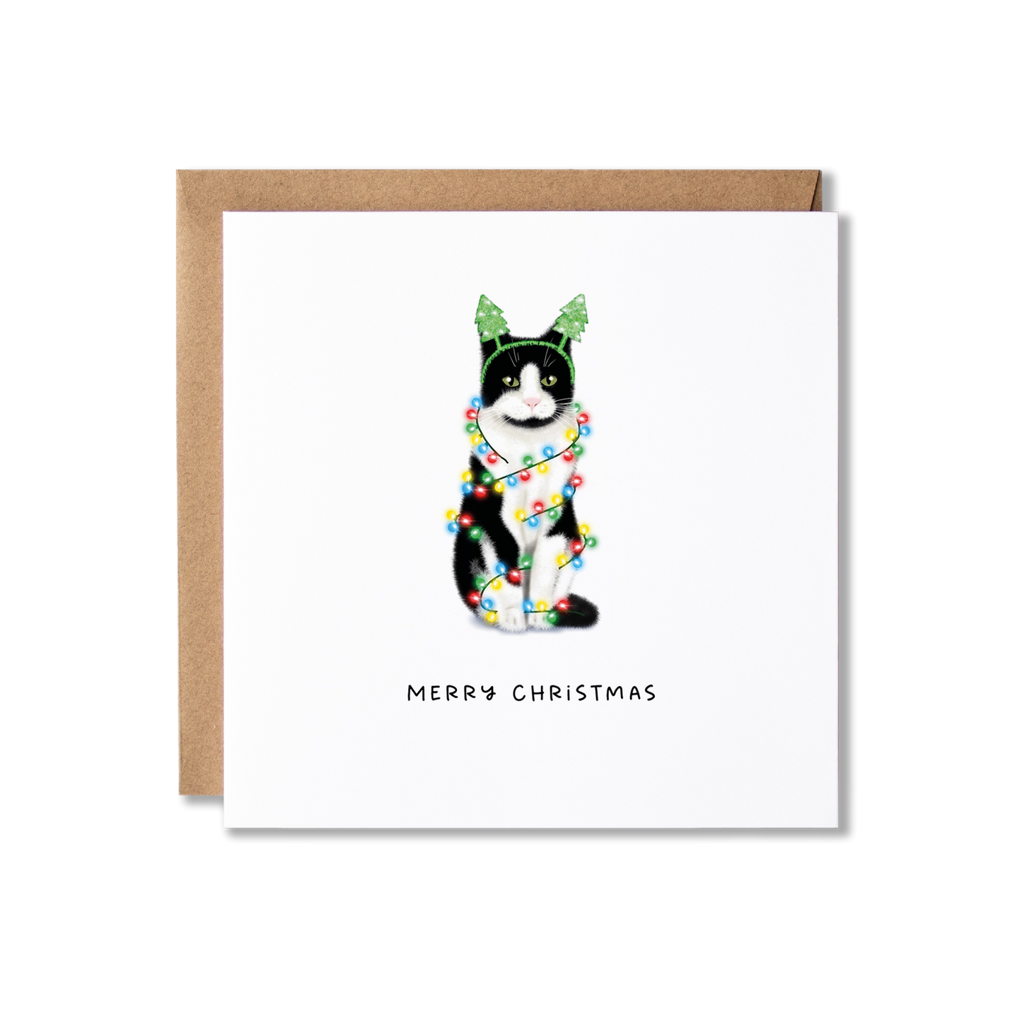 Christmas card with illustration of a black and white cat wrapped in Christmas lights with the message Merry Christmas underneath.