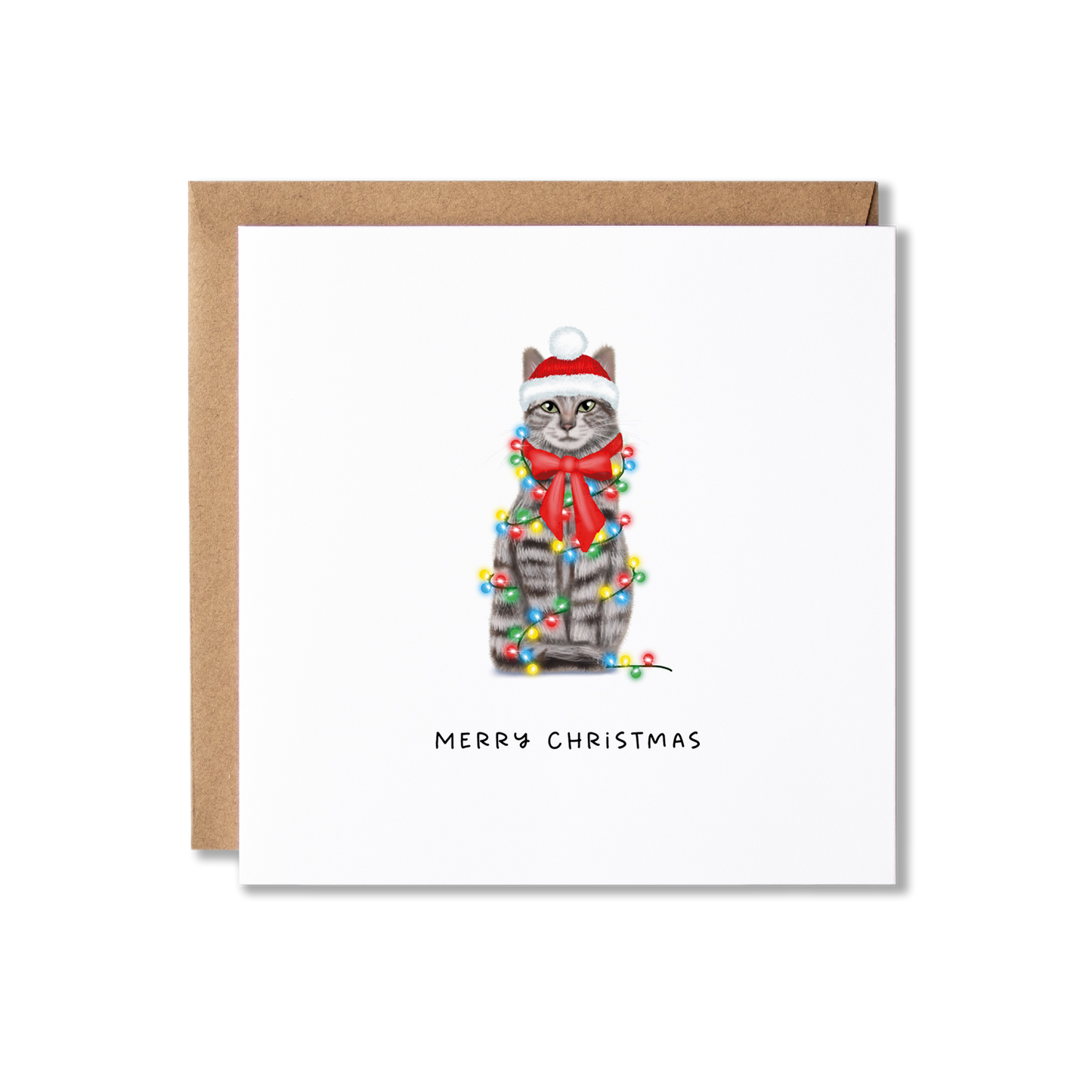 Christmas card with illustration of a grey tabby cat wrapped in Christmas lights with the message Merry Christmas underneath.