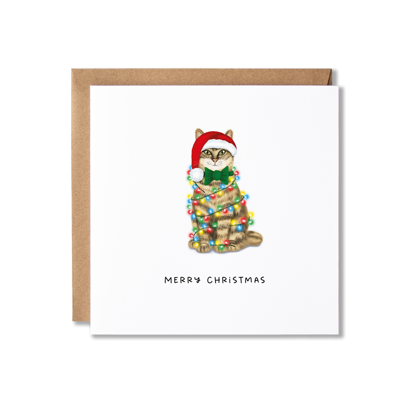 Christmas card with illustration of a brown tabby cat wrapped in Christmas lights with the message Merry Christmas underneath.