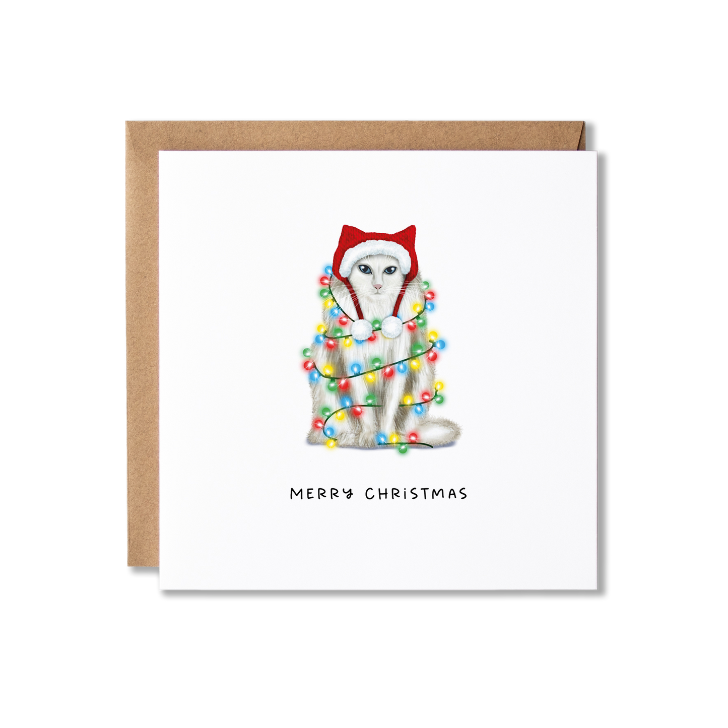 Christmas card with illustration of a ragdoll cat wrapped in Christmas lights with the message Merry Christmas underneath.