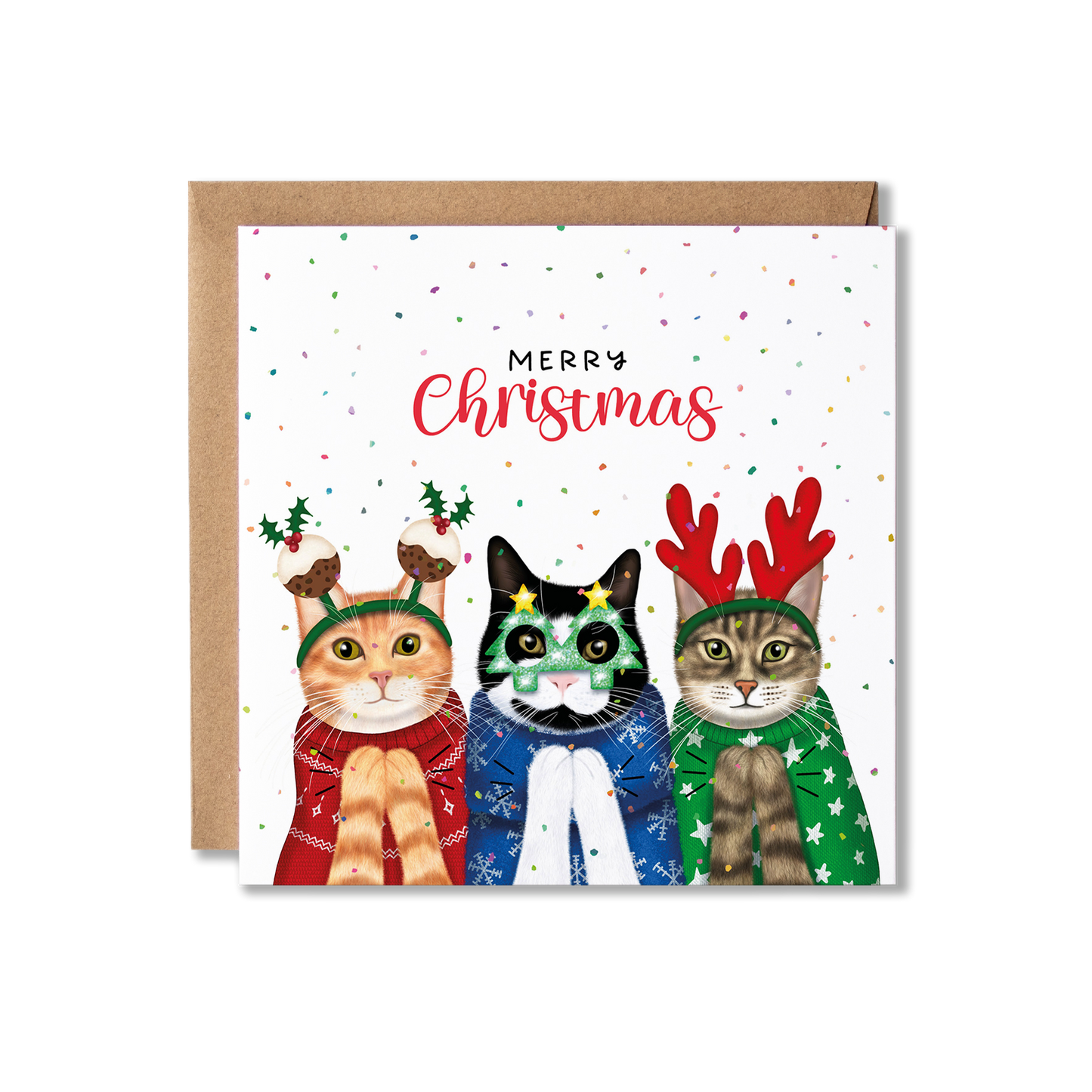 Christmas card with illustration of three cats in Christmas jumpers, one red and wearing christmas pudding bobblers, one blue and wearing Christmas tree glasses and one green and wearing red antlers, clapping with the message Merry Christmas.