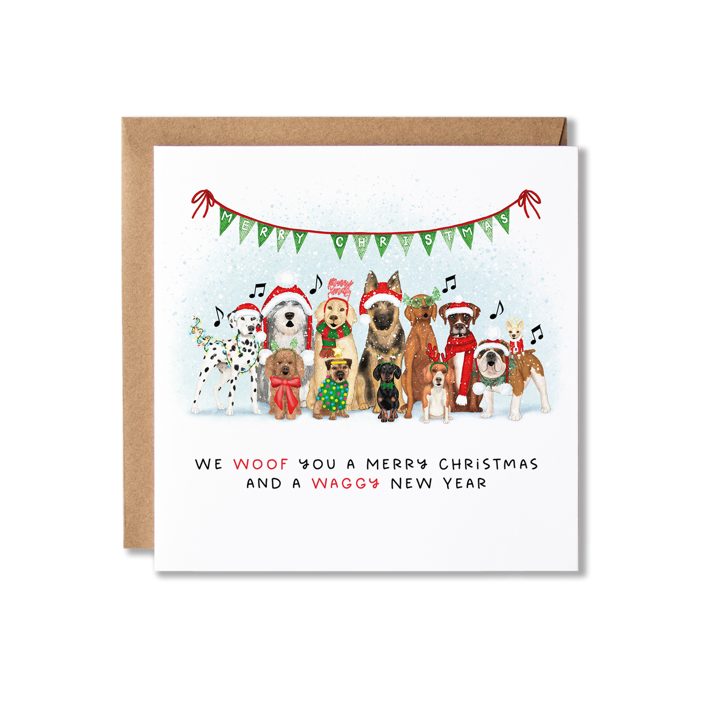 Christmas card with illustration of a group of dogs sat in a row with Christmas hats and Christmas lights wrapped around them singing, with the message We Wish You a Woofy Chistmas and a Waggy New Year.