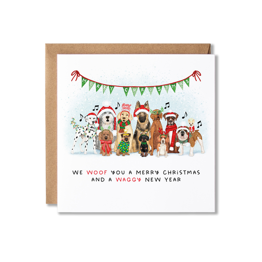 Christmas card with illustration of a group of dogs sat in a row with Christmas hats and Christmas lights wrapped around them singing, with the message We Wish You a Woofy Chistmas and a Waggy New Year.
