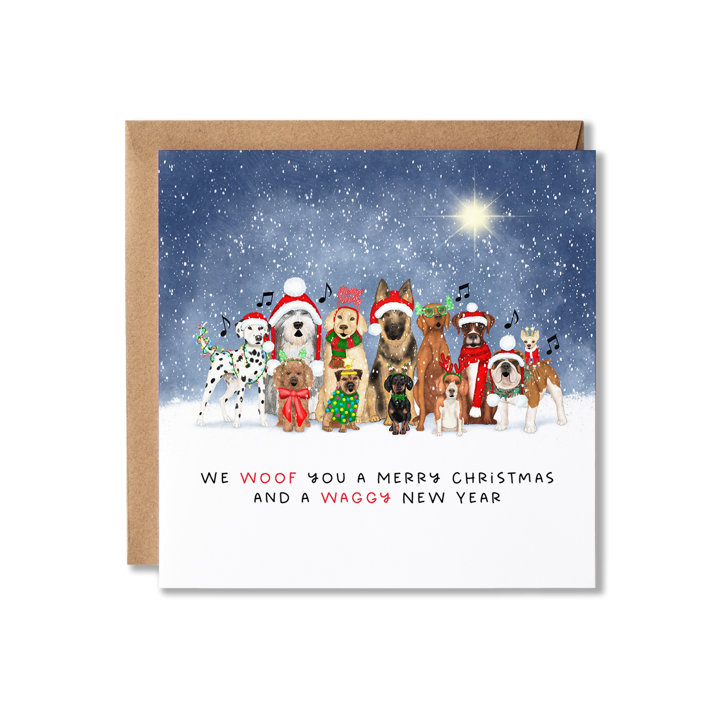 Christmas card with illustration of a group of dogs sat in a row with Christmas hats and Christmas lights wrapped around them singing under a starry night sky, with the message We Wish You a Woofy Chistmas and a Waggy New Year.
