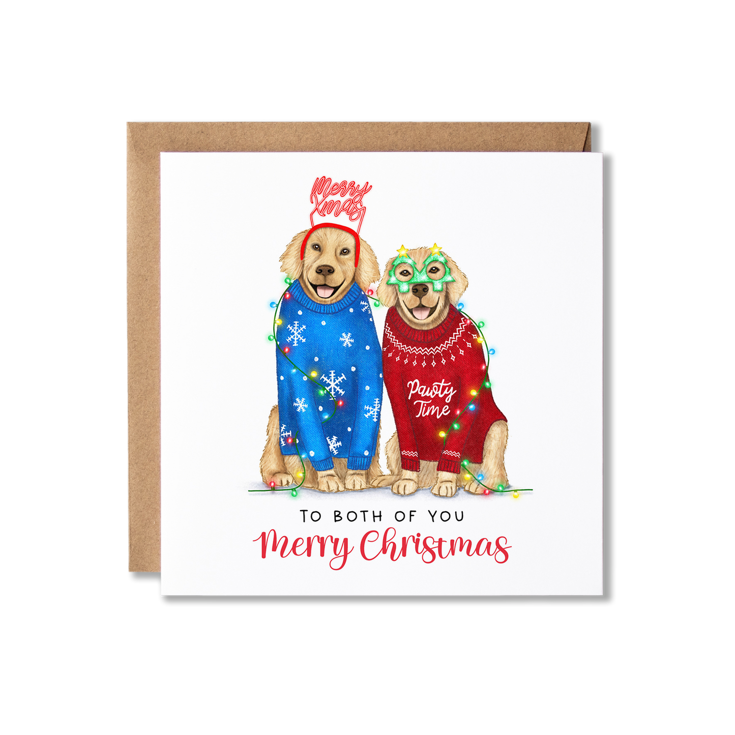 Christmas card with illustration of a couple of Golden Retrievers sat, one in a blue Christmas jumper and Merry Xmas headband the other in a Red Christmas jumper with green Christmas tree shape glasses, wrapped in Christmas Lights, with the message To Both of You Merry Christmas.