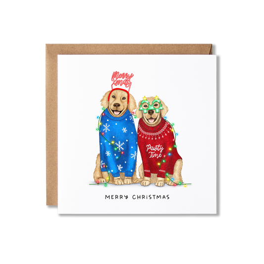 Christmas card with illustration of a couple of Golden Retrievers sat, one in a blue Christmas jumper and Merry Xmas headband the other in a Red Christmas jumper with green Christmas tree shape glasses, wrapped in Christmas Lights, with the message Merry Christmas.