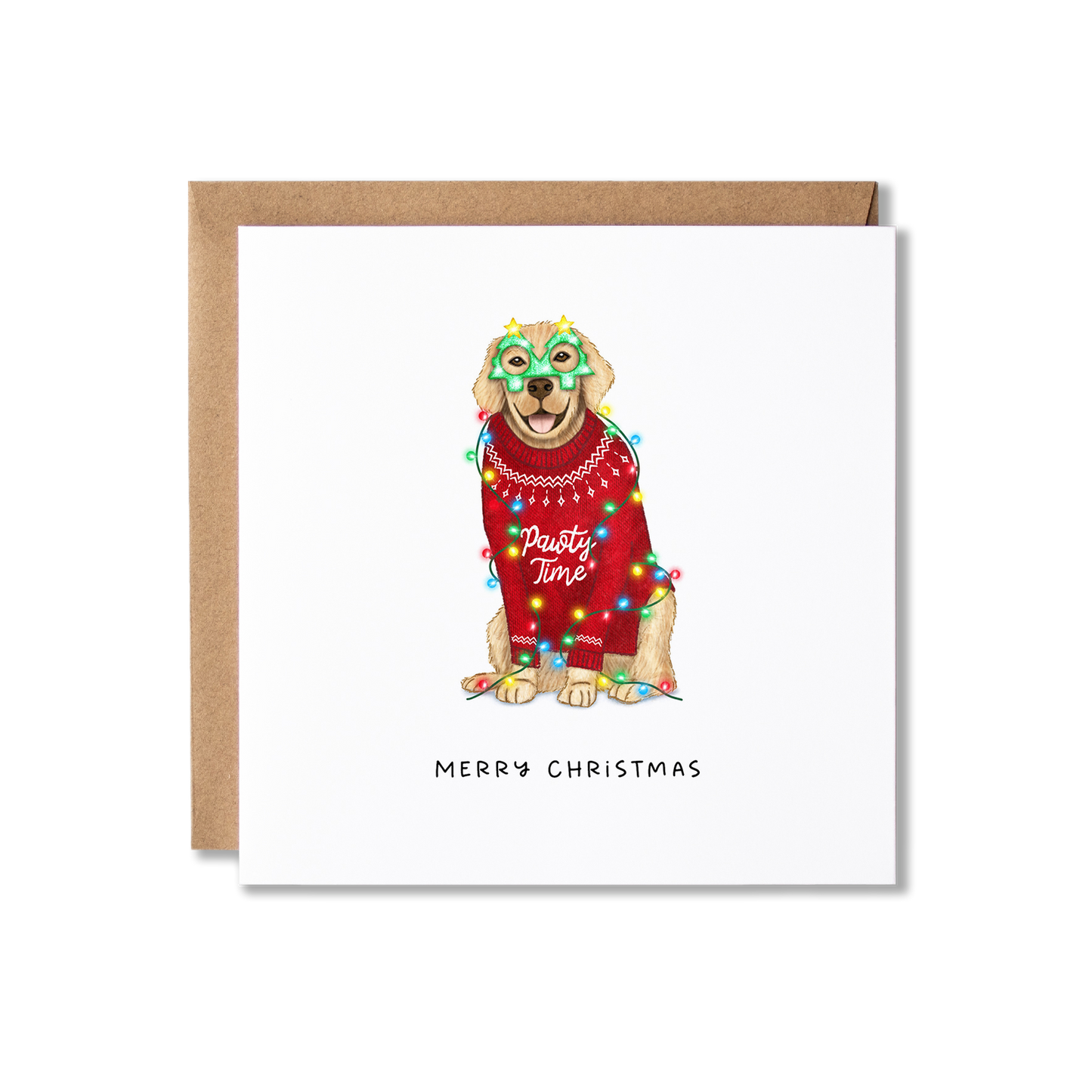 Christmas card with illustration of a couple of Golden Retrievers sat in a Red Christmas jumper with Pawty Time on the front and wearing green Christmas tree shape glasses, wrapped in Christmas Lights, with the message Merry Christmas.