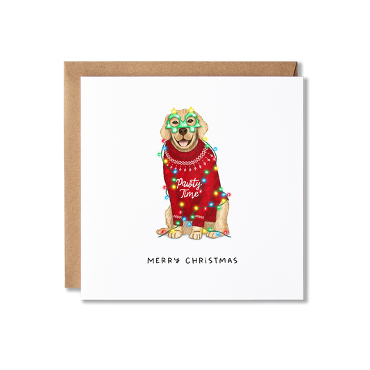 Christmas card with illustration of a couple of Golden Retrievers sat in a Red Christmas jumper with Pawty Time on the front and wearing green Christmas tree shape glasses, wrapped in Christmas Lights, with the message Merry Christmas.