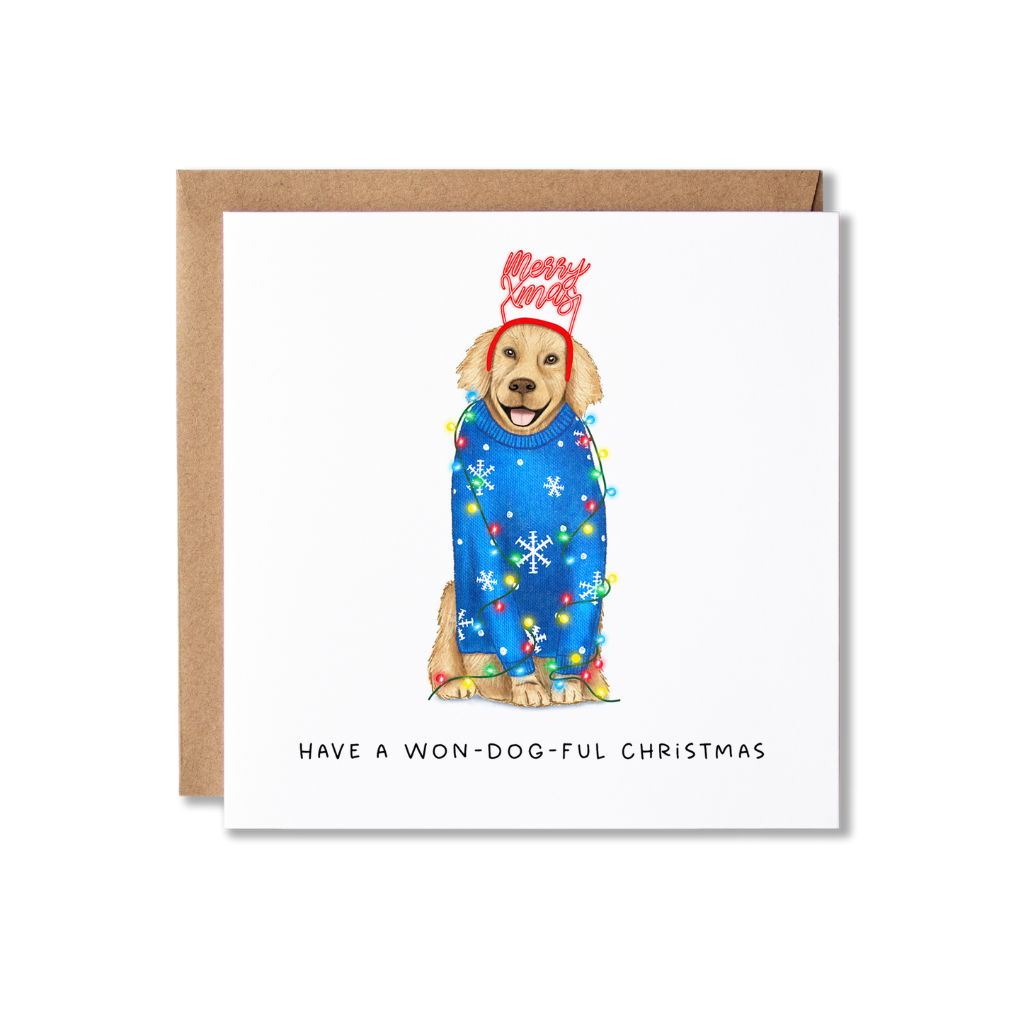 Christmas card with illustration of a couple of Golden Retrievers sat in a blue Christmas jumper with snowflakes on and wearing a Merry Xmas headband, wrapped in Christmas Lights with the message Have A Won-Dog-Ful Christmas.
