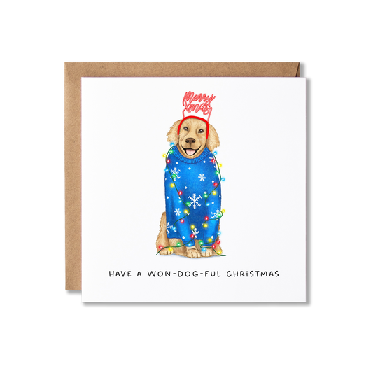 Christmas card with illustration of a couple of Golden Retrievers sat in a blue Christmas jumper with snowflakes on and wearing a Merry Xmas headband, wrapped in Christmas Lights with the message Have A Won-Dog-Ful Christmas.