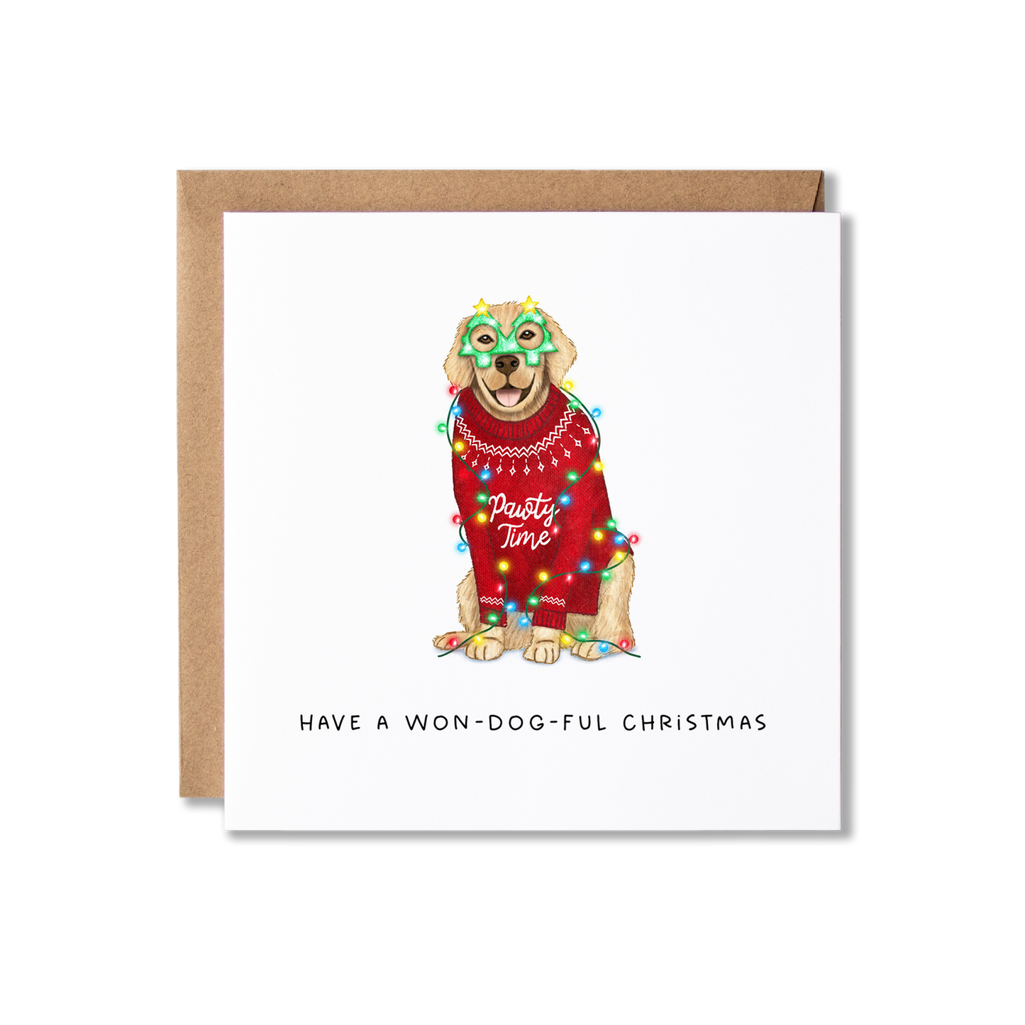 Christmas card with illustration of a couple of Golden Retrievers sat in a Red Christmas jumper with Pawty Time on the front and wearing green Christmas tree shape glasses, wrapped in Christmas Lights, with the message Have A Won-Dog-Ful Christmas.