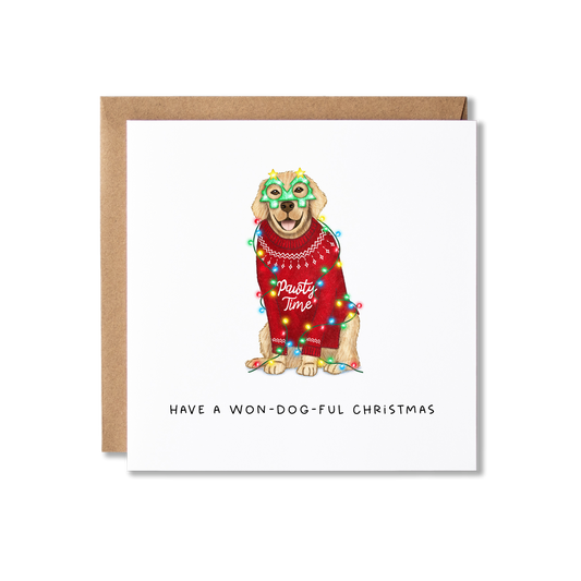 Christmas card with illustration of a couple of Golden Retrievers sat in a Red Christmas jumper with Pawty Time on the front and wearing green Christmas tree shape glasses, wrapped in Christmas Lights, with the message Have A Won-Dog-Ful Christmas.