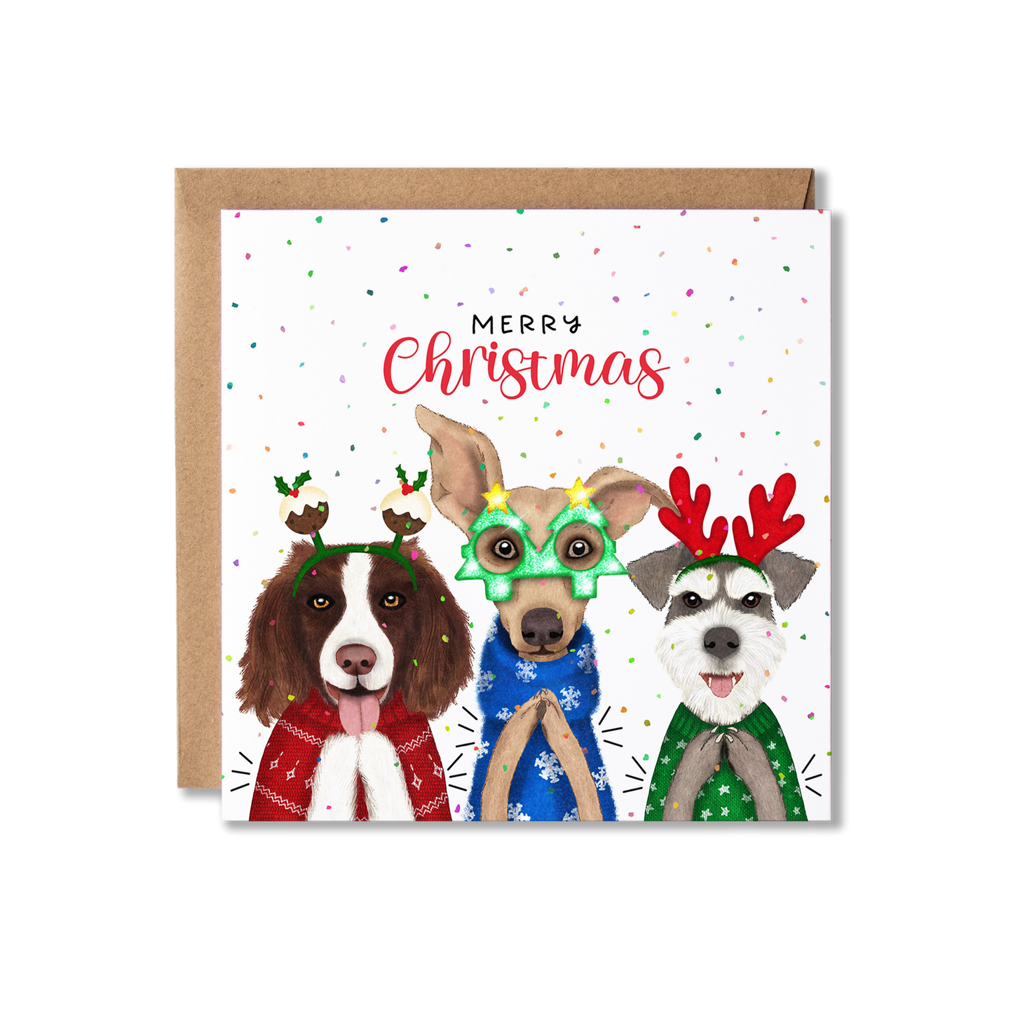 Christmas card with illustration of three dogs in Christmas jumpers, one red and wearing christmas pudding bobblers, one blue and wearing Christmas tree glasses and one green and wearing red antlers, clapping with the message Merry Christmas.