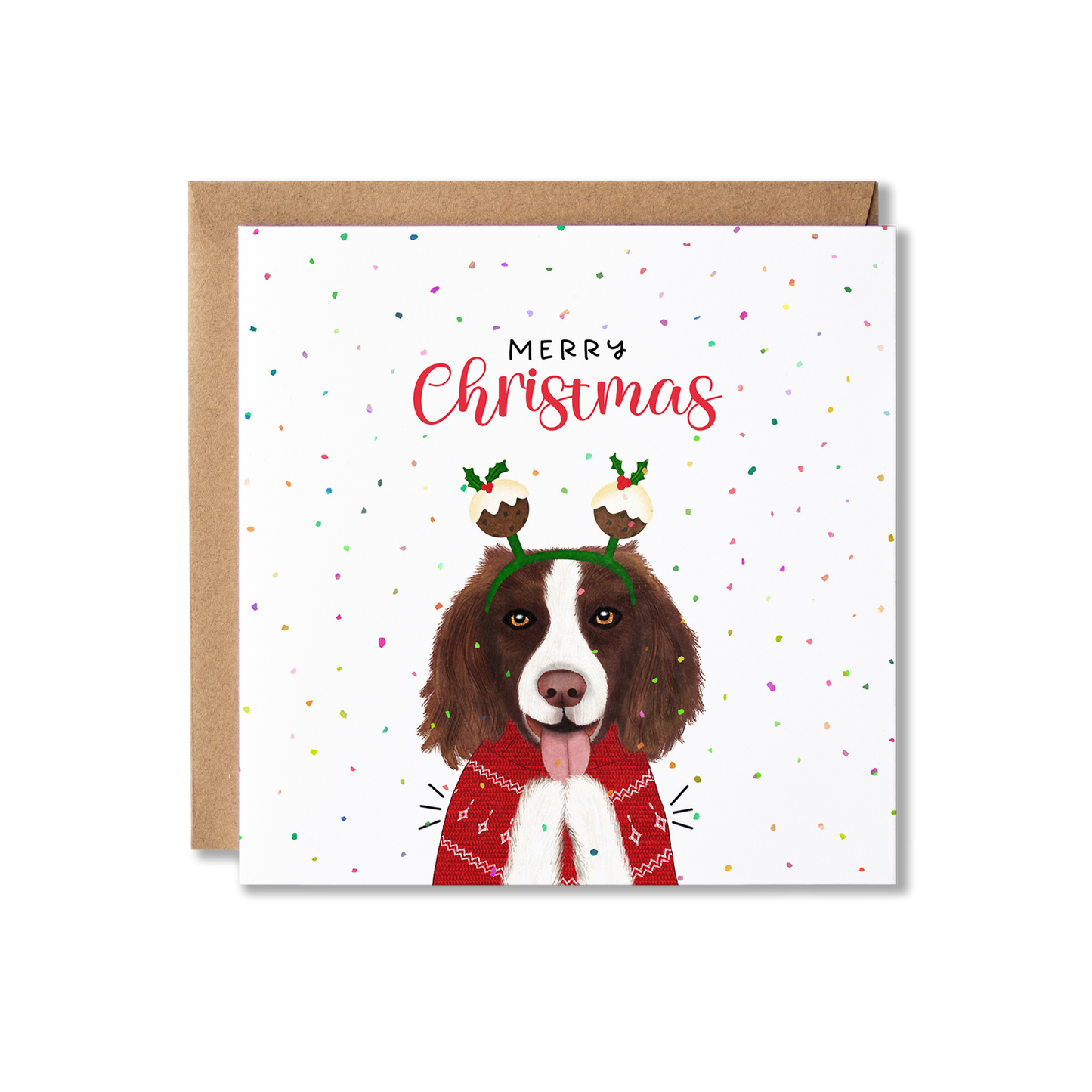 Christmas card with illustration of a Spaniel dog in a red Christmas jumper and wearing christmas pudding bobblers, clapping with the message Merry Christmas.