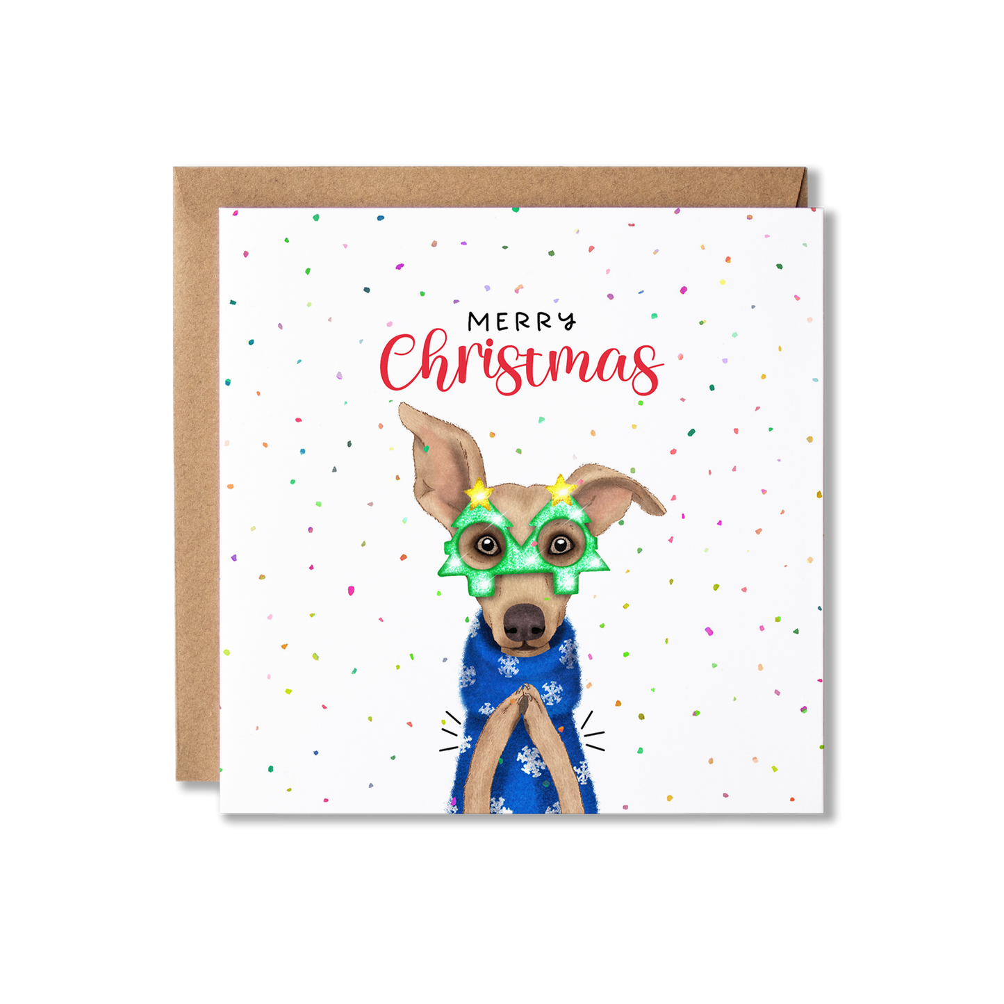 Christmas card with illustration of an Italian Greyhound dog in a blue Christmas jumper and wearing Christmas tree glasses, clapping with the message Merry Christmas.