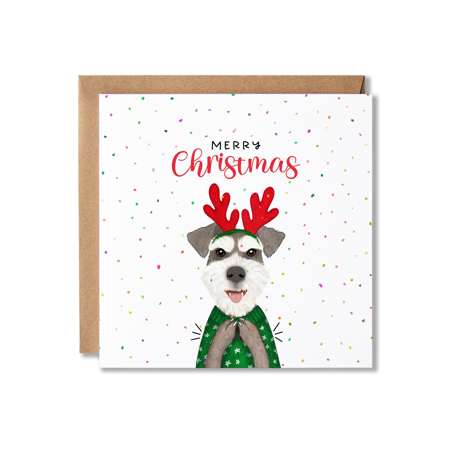 Christmas card with illustration of a Schnauzer dog in a green Christmas jumper and wearing red antlers, clapping with the message Merry Christmas.