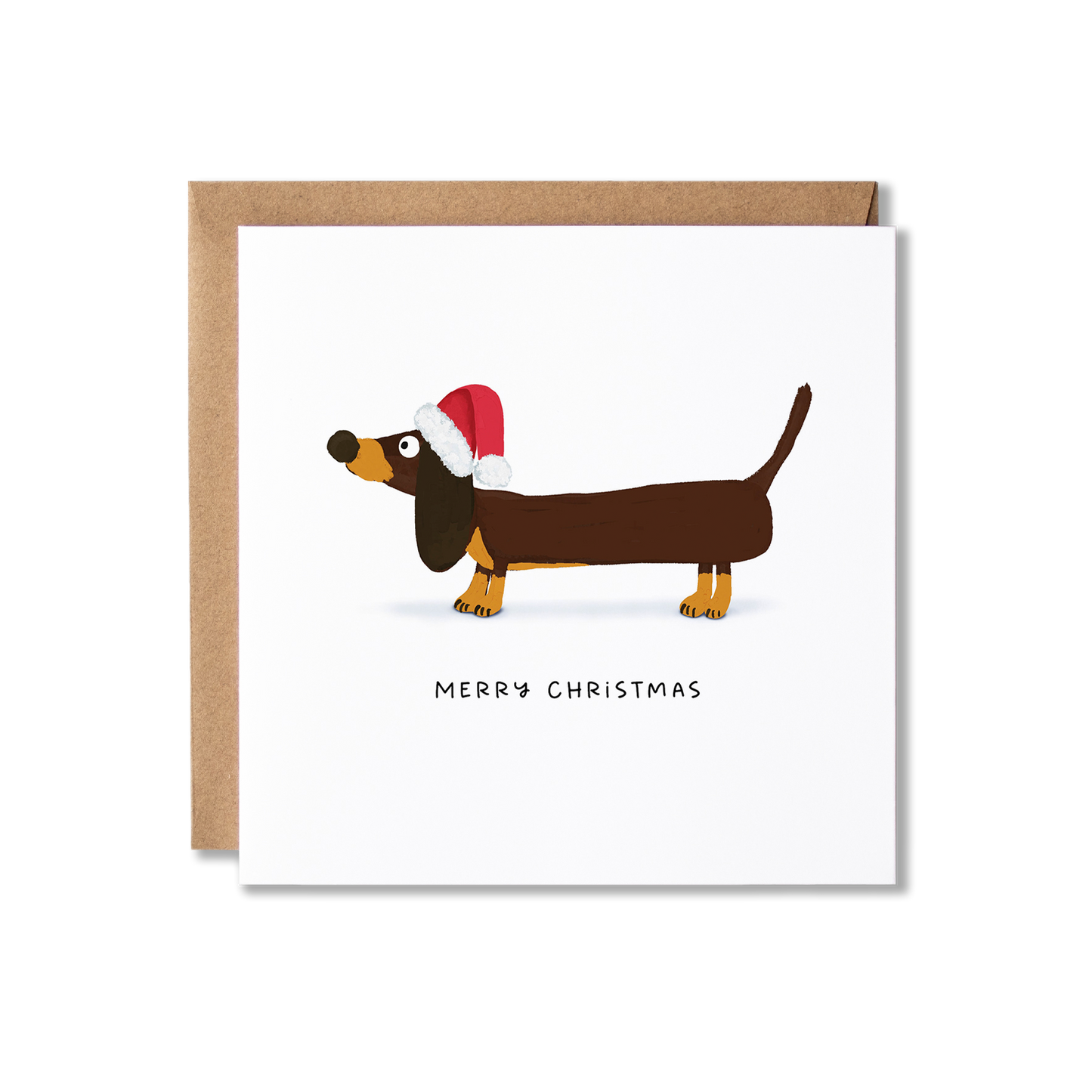 Christmas card with illustration of a Dachshund sausage dog in a Santa hat with the message Merry Christmas Sausage.