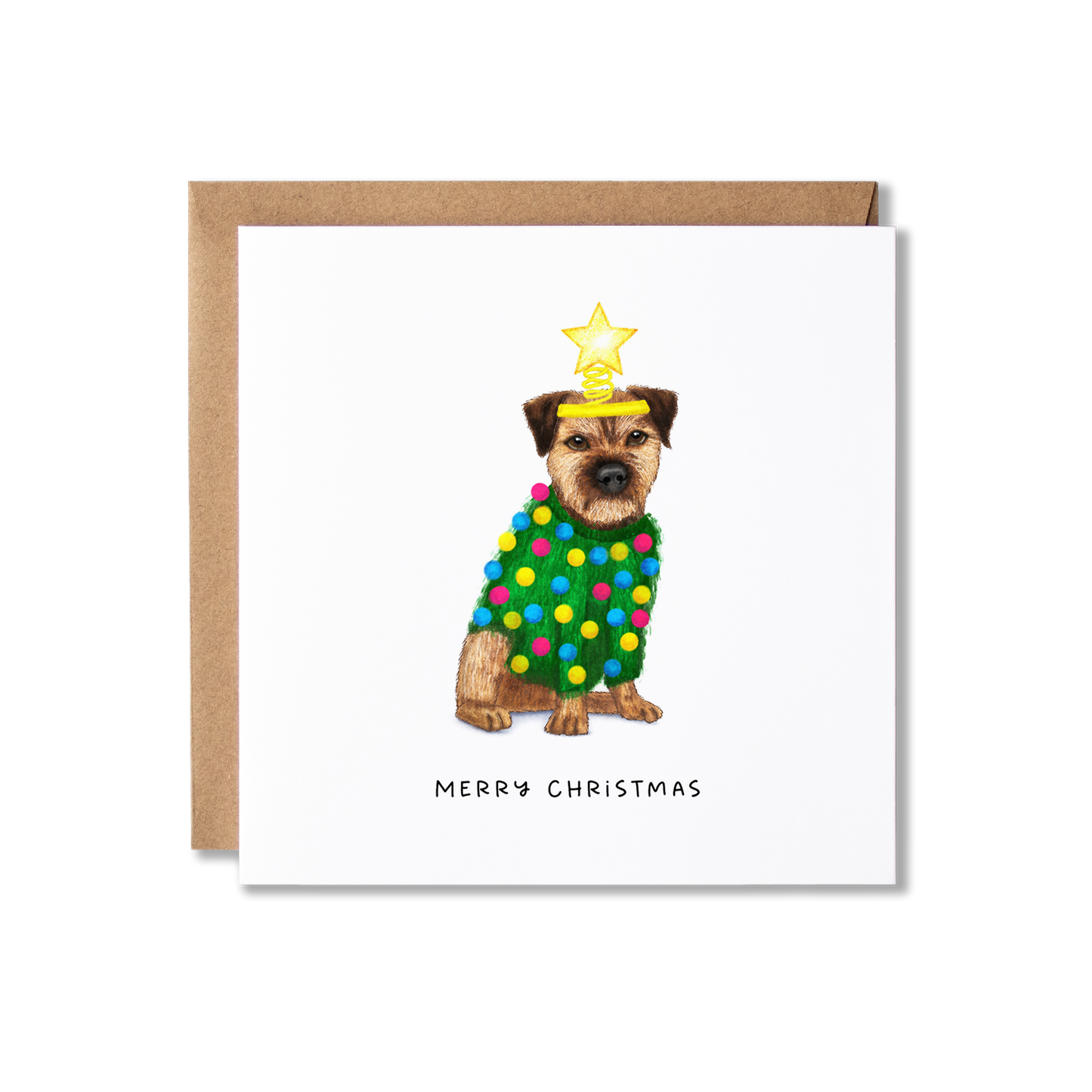 Christmas card with illustration of a Border Terrier dog in a green Christmas jumper with multi-coloured pom poms on and a yellow headband with a star on top, so it looks a bit like a Christmas tree, with the message Merry Christmas.