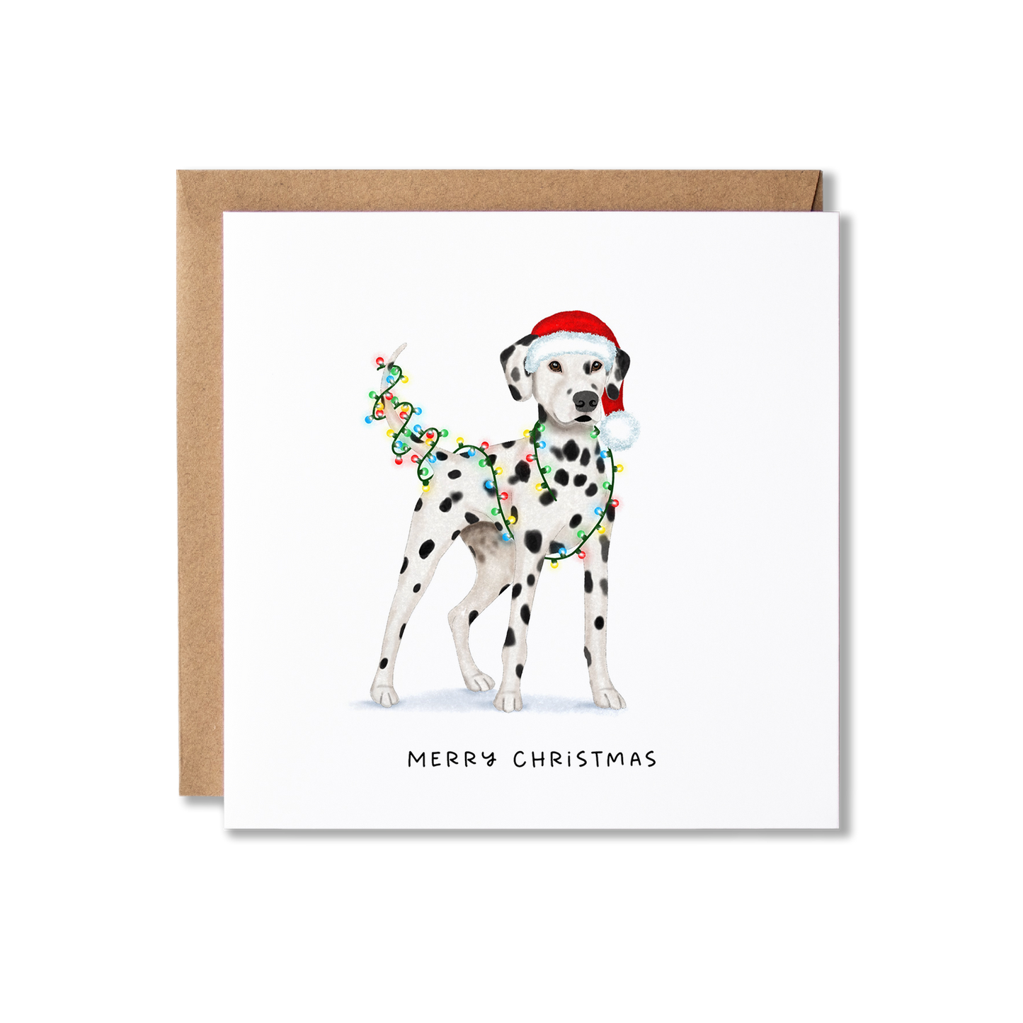 Christmas card with illustration of a Dalmatian dog wrapped in Christmas lights and wearing a Santa hat with the message Merry Christmas.