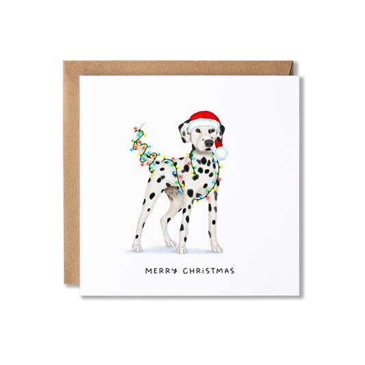 Christmas card with illustration of a Dalmatian dog wrapped in Christmas lights and wearing a Santa hat with the message Merry Christmas.