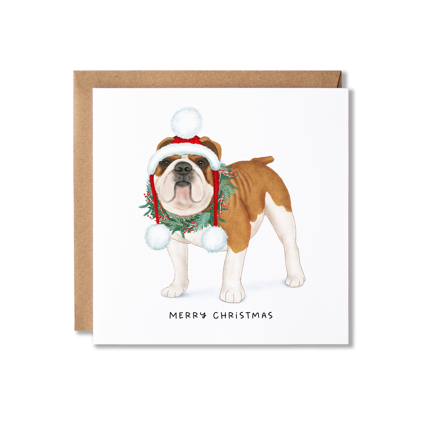 Christmas card with illustration of a bulldog in a Santa hat that has dangling white pom poms each site and wearing a Christmas wreath with the message Merry Christmas.