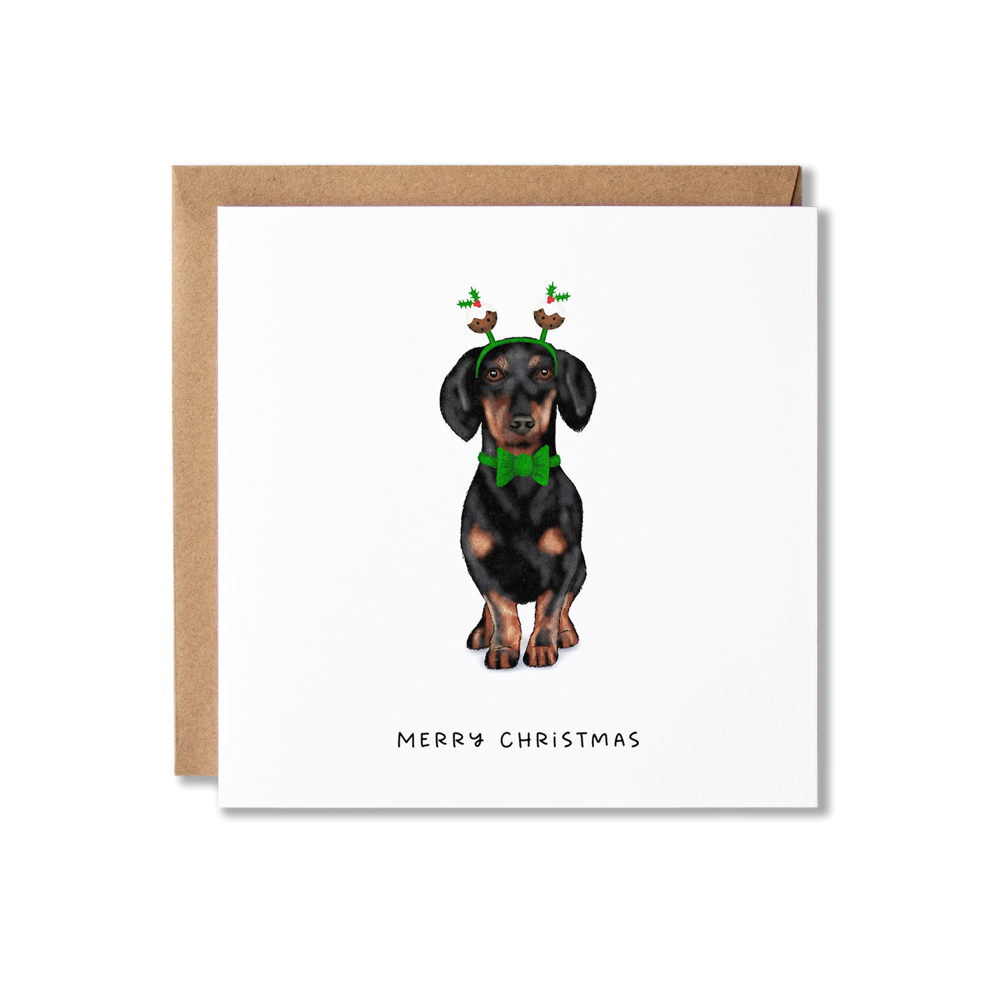 Christmas card with illustration of a Dachshund sausage dog in a green bow tie and Christmas pudding bobblers with the message Merry Christmas.