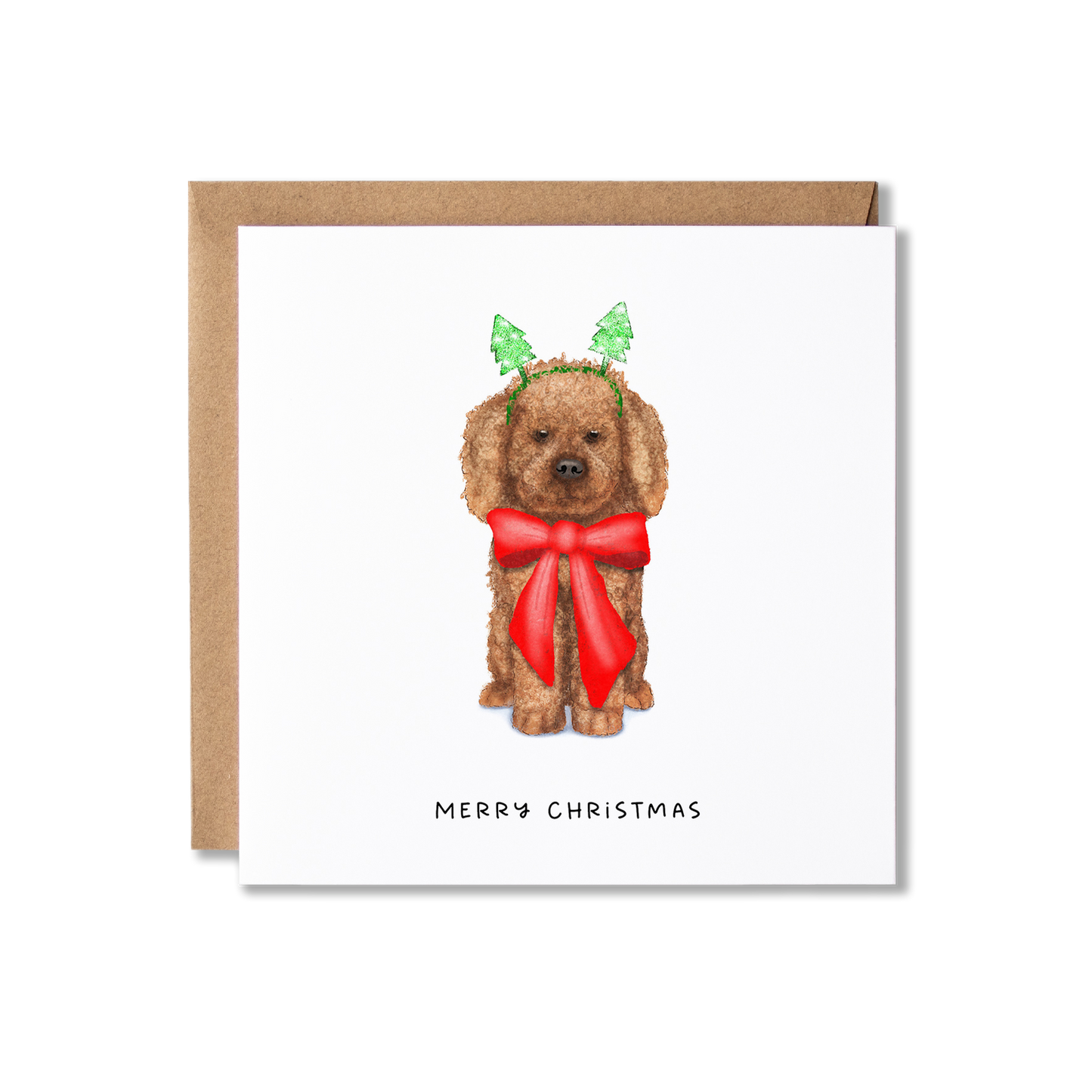 Christmas card with illustration of a Cavapoo dog sat in a big red ribbon bow and wearing Christmas tree bobblers with the message Merry Christmas.